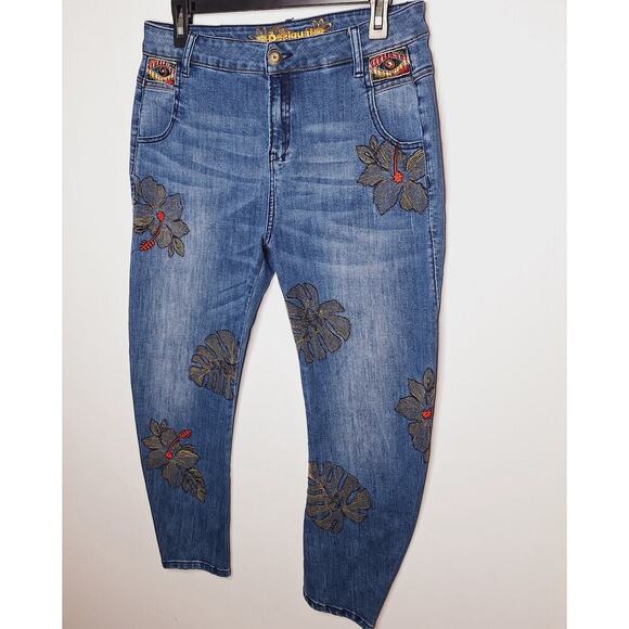Desigual Barrel Jean 28 Horseshoe Floral Embroidered Exotic Pakaian Celana Artsy - Picture 2 of 13